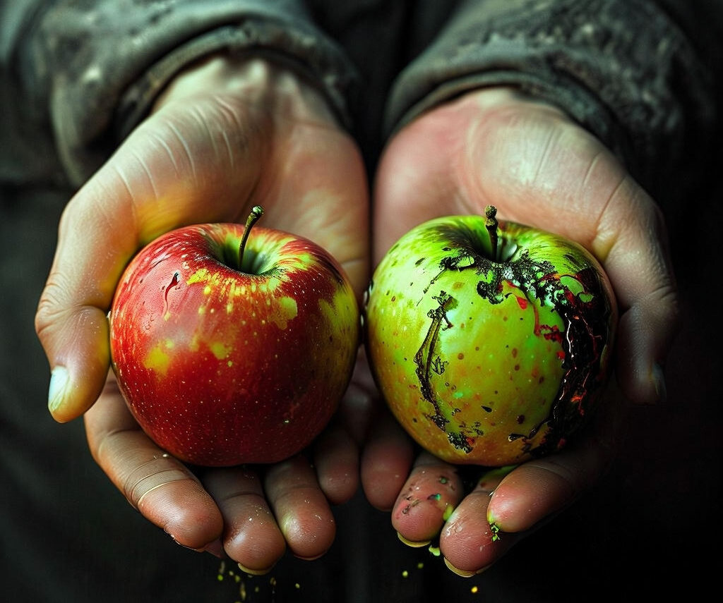 Two hands holding apples one of which looks poisoned